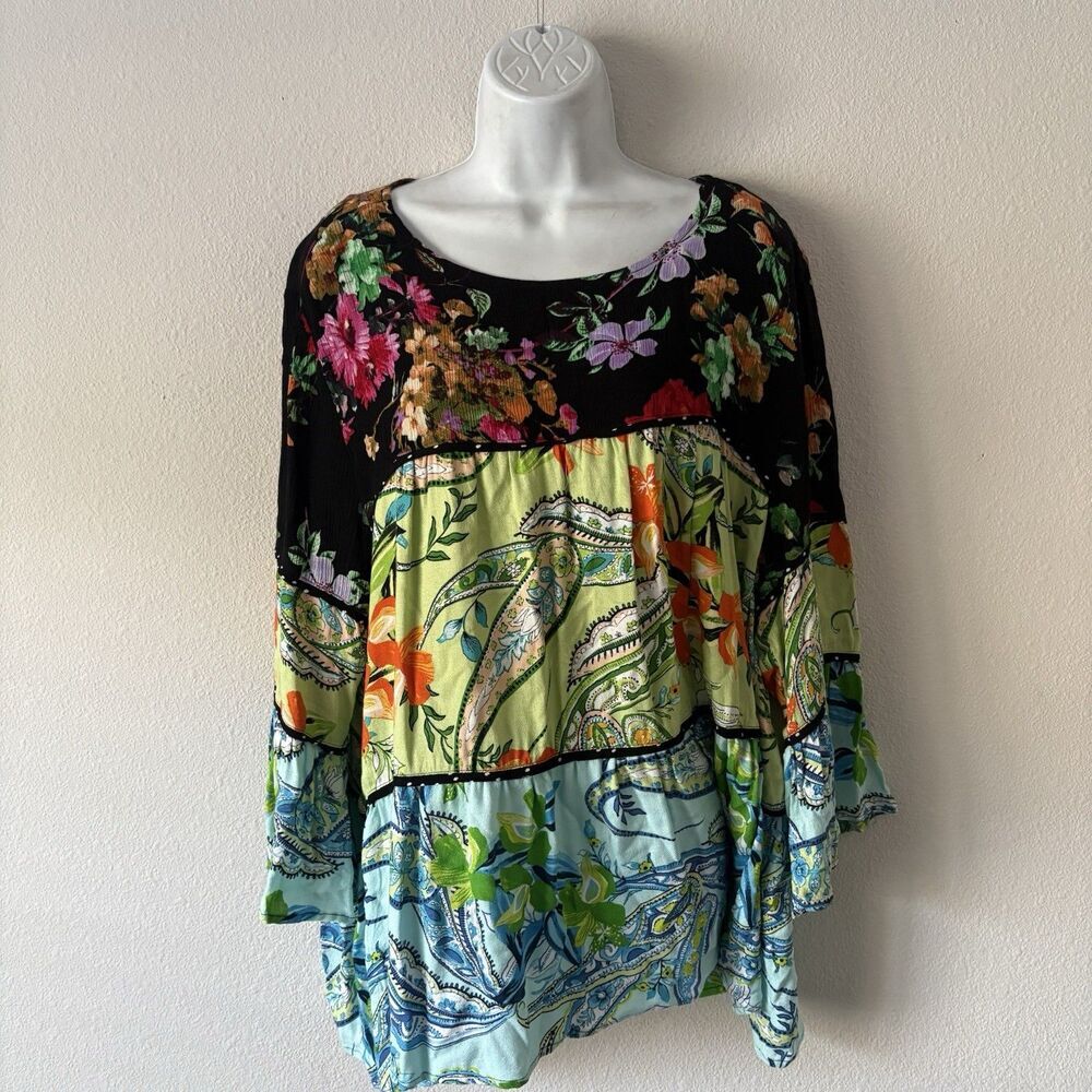 Caleesa Patchwork Tunic Top Womens Size 2X Multicolor Boho Floral Paisley Bell